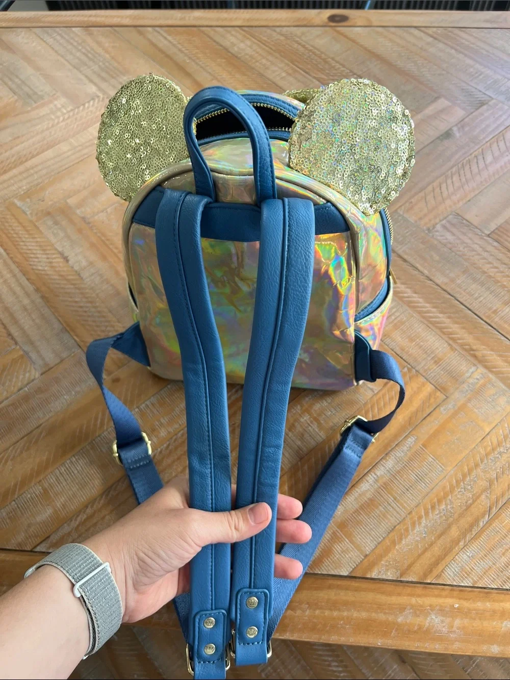 Loungefly Gold Sequin Minnie Ears Holographic Kids Mini Backpack with Navy Trim